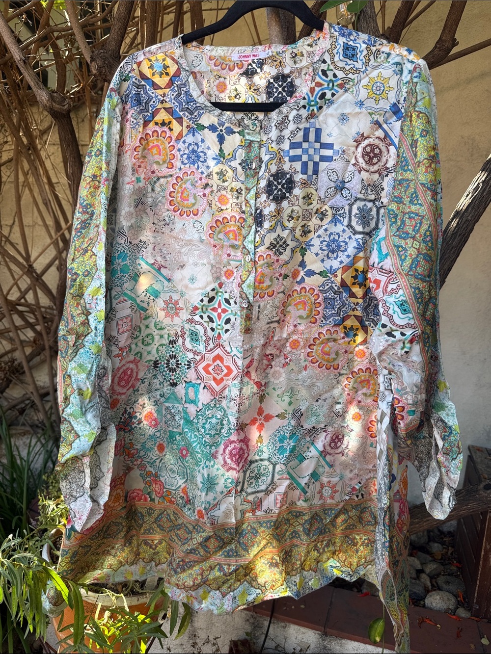 Johnny Was Multicolor Mosaic Print Silk Tunic - Teal, Pink, Yellow, Blue